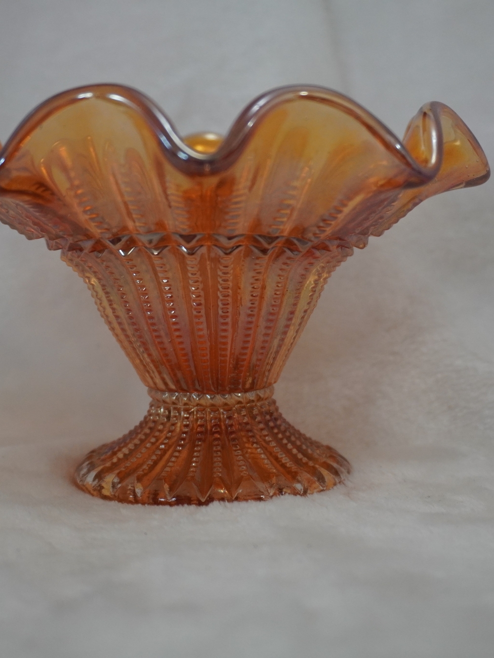 Iridescent Amber Marigold Carnival Glass Pedestal Dish - Picture 7 of 7